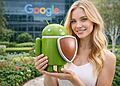 Advanced Flow Android: mujer sosteniendo la mascota de Android con un escudo frente a las oficinas de Google, representando el equilibrio entre apertura, seguridad y control en el sistema operativo Android.