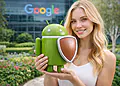 Flusso avanzato Android: una donna tiene in mano la mascotte di Android con uno scudo davanti agli uffici di Google, a rappresentare l'equilibrio tra apertura, sicurezza e controllo nel sistema operativo Android.