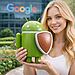 高度なフローAndroid：Googleのオフィス前で、盾を持ったAndroidのマスコットを持つ女性。これは、Androidオペレーティングシステムにおける開放性、セキュリティ、および制御のバランスを表している。
