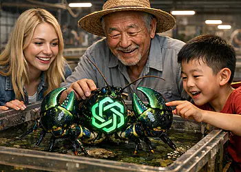 L'agent autonome OpenClaw, représenté comme un homard robotique avec un logo d'IA vert vif, est observé par une famille souriante dans un aquarium technologique ; il s'agit d'un concept d'intelligence artificielle autonome et de robotique avancée.
