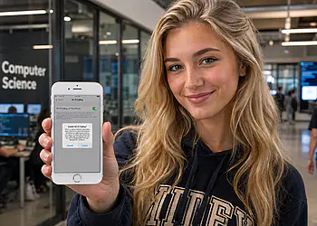 Llamadas WiFi iPhone. Mujer mostrando en un iPhone la opción de Llamadas WiFi activada en los ajustes, guía sobre cómo activar y usar las llamadas WiFi en iPhone paso a paso.