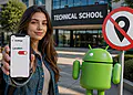 DNS privato su Android: una donna mostra le impostazioni di localizzazione disattivate sul suo smartphone accanto al logo Android e all'icona di assenza di tracciamento, illustrando come ridurre il tracciamento e migliorare la privacy su Android.