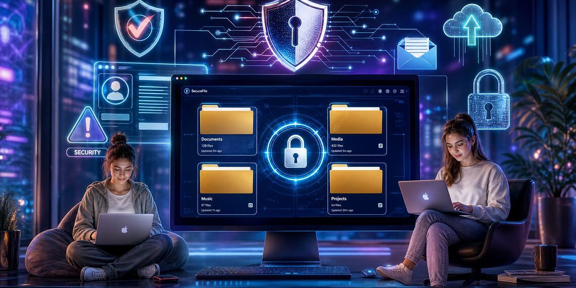 Herramienta DMARC lookup para proteger tu dominio con verificación de seguridad, autenticación de correo electrónico y panel de ciberseguridad con iconos de candado y escudo en pantalla digital.
