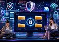 Herramienta DMARC lookup para proteger tu dominio con verificación de seguridad, autenticación de correo electrónico y panel de ciberseguridad con iconos de candado y escudo en pantalla digital.
