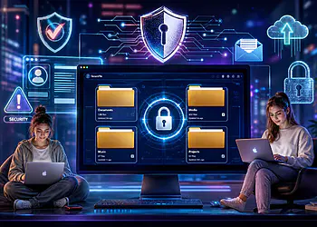 Narzędzie wyszukiwania DMARC chroniące Twoją domenę dzięki weryfikacji bezpieczeństwa, uwierzytelnianiu poczty e-mail oraz panelowi cyberbezpieczeństwa z ikonami kłódki i tarczy na ekranie cyfrowym.