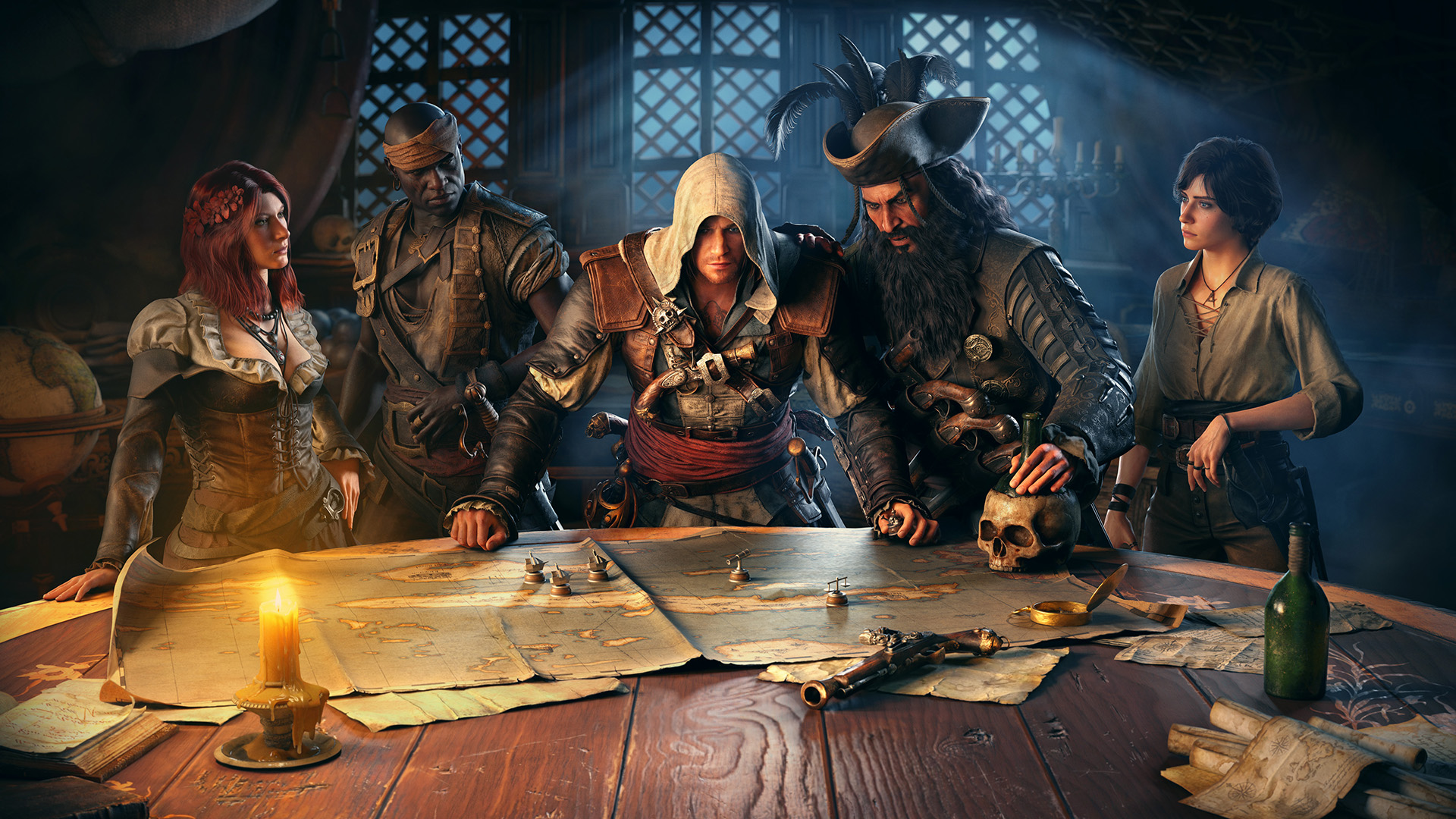 エドワード・ケンウェイと彼の仲間たちが『アサシン クリード ブラック フラッグ リシンクド』で地図を確認する