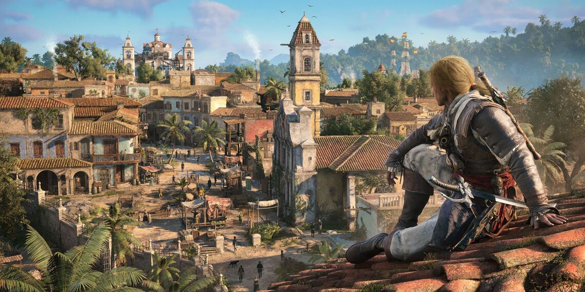 Assassin's Creed Black Flag Resynced: Pirate protagonist observing a Caribbean colonial city with ships in the harbor and historical architecture, showcasing visual enhancements and key gameplay changes