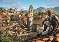 Assassin’s Creed Black Flag Resynced: protagonista pirata observando una ciudad colonial caribeña con barcos en el puerto y arquitectura histórica, mostrando mejoras visuales y cambios clave del juego