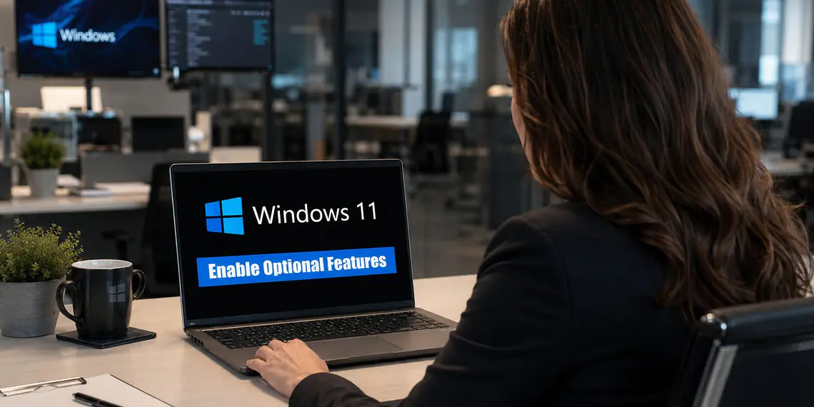 Optionale Windows 11-Funktionen – Eine Frau aktiviert optionale Funktionen in den Systemeinstellungen eines Windows 11-Laptops; Leitfaden zur Aktivierung bzw. Deaktivierung optionaler Windows 11-Funktionen in einer modernen Büroumgebung