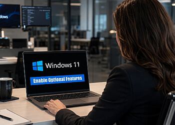 Funciones opcionales Windows 11: cuándo activarlas o quitarlas 45 Дополнительные функции Windows 11 — Женщина работает на ноутбуке с Windows 11, активируя дополнительные функции в системных настройках; руководство о том, когда следует включать или отключать дополнительные функции Windows 11 в современном офисном окружении.