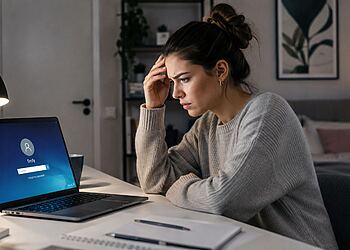 Recuperar contraseña Windows - Mujer preocupada frente a la pantalla de inicio de sesión de Windows tras olvidar su contraseña, buscando cómo recuperar contraseña Windows sin perder sus datos.
