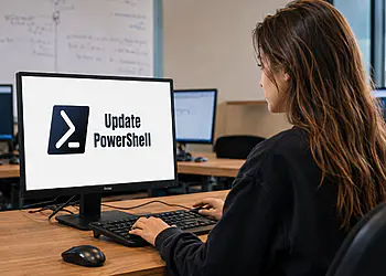 Windows'ta PowerShell Güncellemesi - Bir kadın, bilgisayarından Windows'ta PowerShell'i güncelliyor; ekranda PowerShell logosu ve "PowerShell'i Güncelle" yazısı görünüyor.