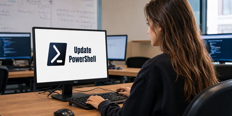 Actualizar PowerShell en Windows: todos los métodos 21 Actualizar PowerShell en Windows - Mujer actualizando PowerShell en Windows desde un ordenador, con el logotipo de PowerShell y el texto «Update PowerShell» en la pantalla.