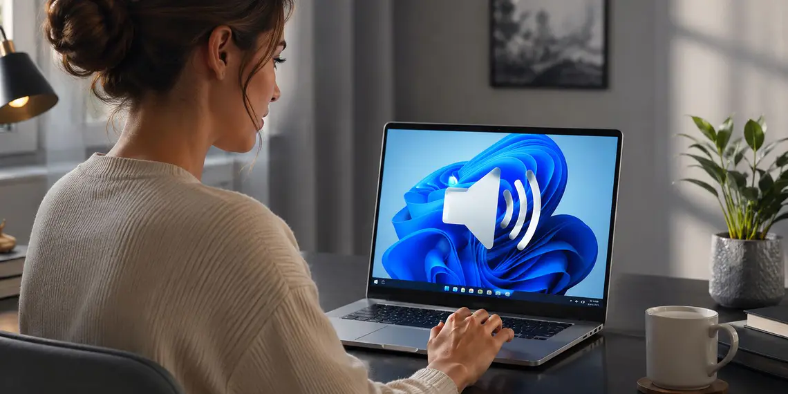 Equilíbrio de áudio no Windows 11 - Mulher ajustando o equilíbrio de áudio em um laptop com Windows 11, guia rápido para configurar o som.