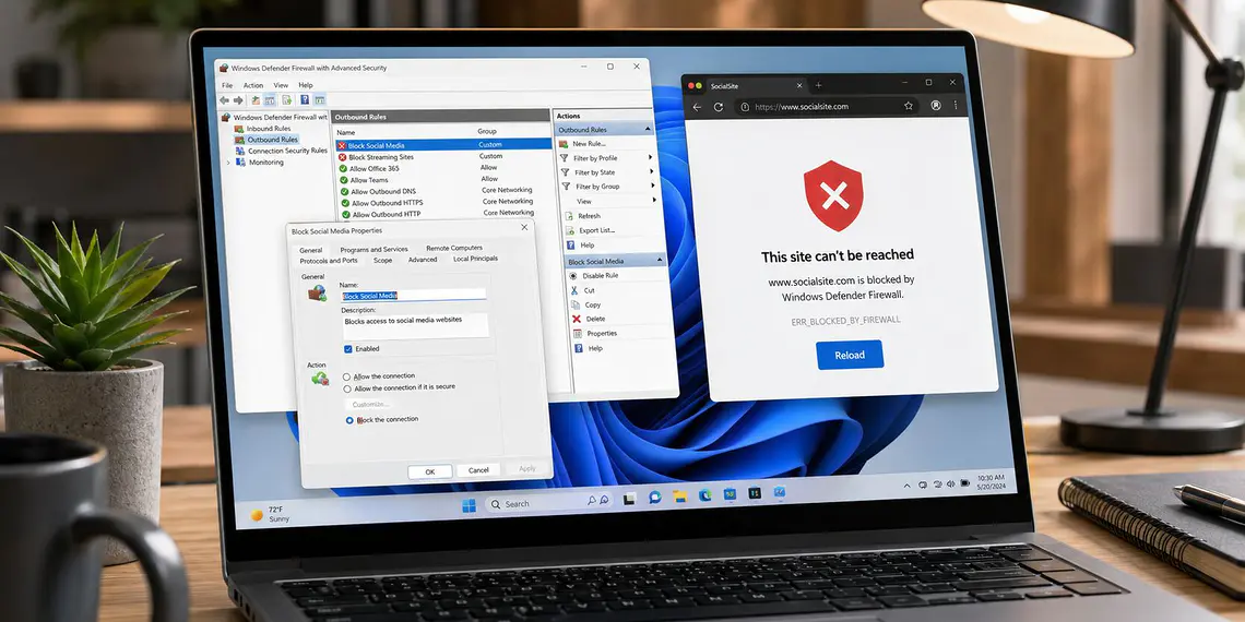 Bloqueio de sites no Windows - Laptop com Windows 11 mostrando o Firewall do Windows Defender e uma regra para bloquear sites, ao lado de um navegador com acesso negado.