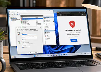 Bloqueio de sites no Windows - Laptop com Windows 11 mostrando o Firewall do Windows Defender e uma regra para bloquear sites, ao lado de um navegador com acesso negado.