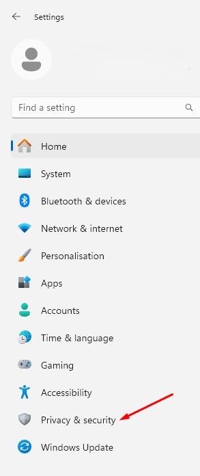 Opção Privacidade e segurança na barra lateral de Configurações do Windows 11