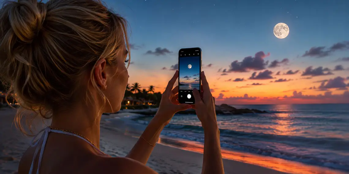 Fotos lunares con iPhone - Mujer fotografiando la luna llena con un iPhone en una playa al atardecer, aplicando trucos para captar sus detalles.