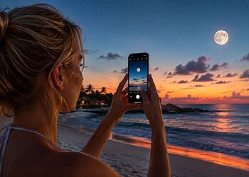 Fotos lunares con iPhone: trucos para captar detalles 21 Fotos lunares con iPhone - Mujer fotografiando la luna llena con un iPhone en una playa al atardecer, aplicando trucos para captar sus detalles.
