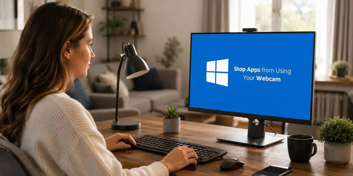 Privacidade da webcam - Mulher em frente a um computador com Windows 11 e webcam, configurando a privacidade para impedir que aplicativos usem a câmera.