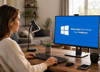 Protection de la vie privée via webcam - Une femme devant un ordinateur Windows 11 équipé d'une webcam configure la confidentialité pour empêcher les applications d'utiliser la caméra.