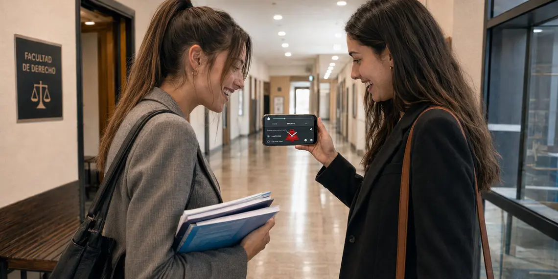 Volume do Android - Dois estudantes consultam um aplicativo de celular Android para ajustar o volume de acordo com um cronograma no corredor de uma faculdade de direito.