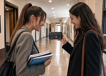 Android volume according to a schedule 14 Android Volume - Two students consult an Android phone application to adjust the volume according to a schedule in the hallway of a law school.