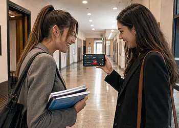 Volume do Android - Dois estudantes consultam um aplicativo de celular Android para ajustar o volume de acordo com um cronograma no corredor de uma faculdade de direito.