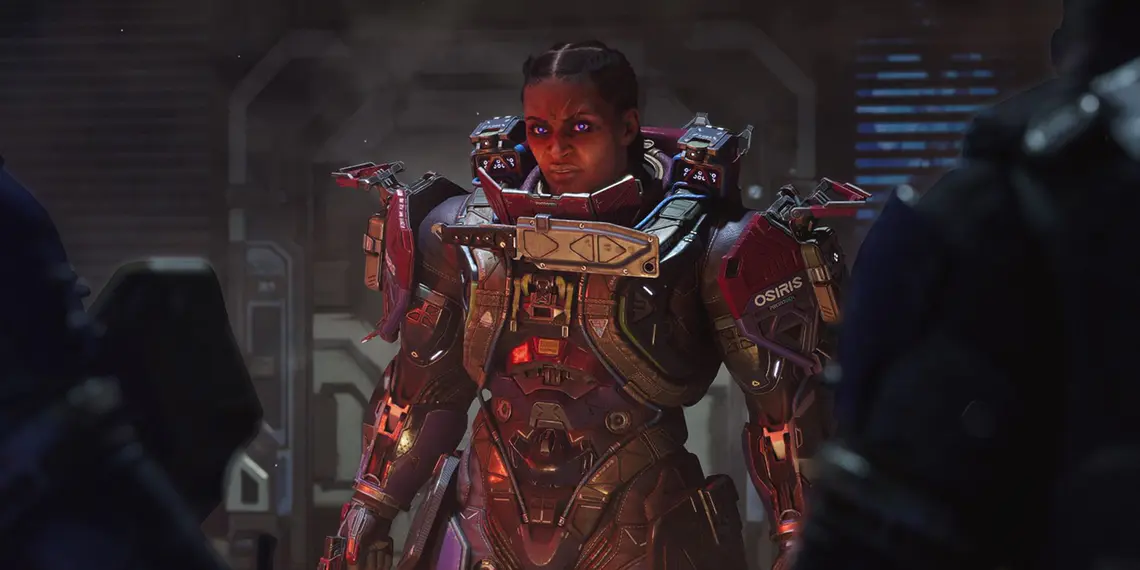 Decisions in The Expanse - Female soldier in futuristic armor inside a spaceship, scene from the science fiction RPG The Expanse focused on decisions that transform the game.
