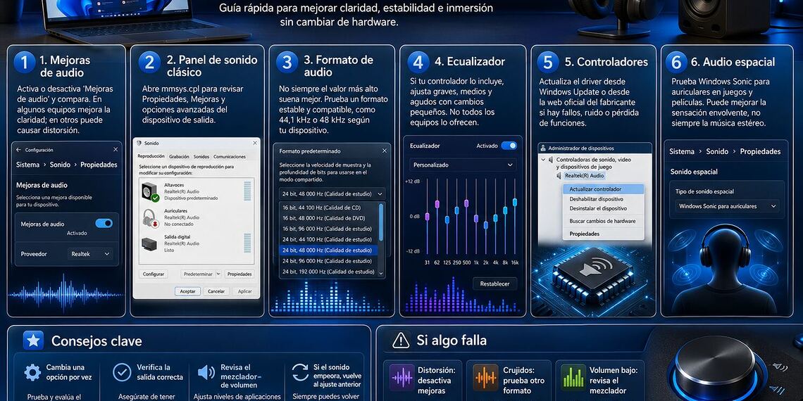 Audio in Windows 11 - Infografica su come migliorare l'audio in Windows 11 con 6 impostazioni: miglioramenti audio, pannello audio classico, formato di output, equalizzatore, driver e audio spaziale.