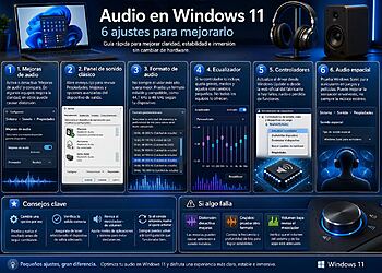 Audio en Windows 11: 6 ajustes para mejorarlo 33 Audio in Windows 11 - Infographic on how to improve audio in Windows 11 with 6 settings: audio enhancements, classic sound panel, output format, equalizer, drivers, and spatial audio.