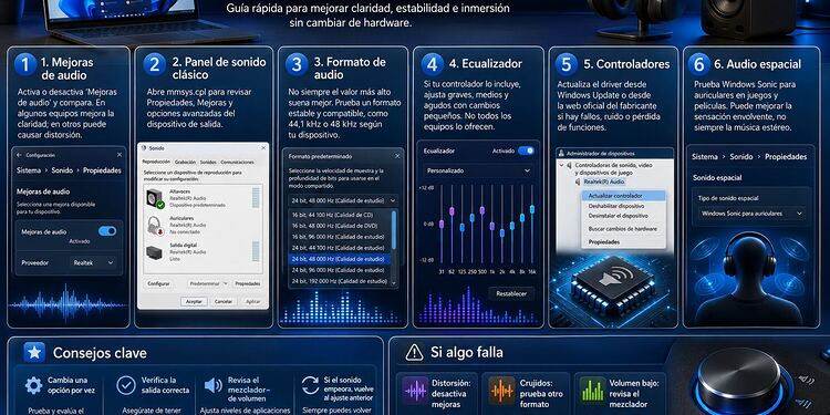 Audio in Windows 11: 6 impostazioni per migliorarlo 41 Audio in Windows 11 - Infografica su come migliorare l'audio in Windows 11 con 6 impostazioni: miglioramenti audio, pannello audio classico, formato di output, equalizzatore, driver e audio spaziale.